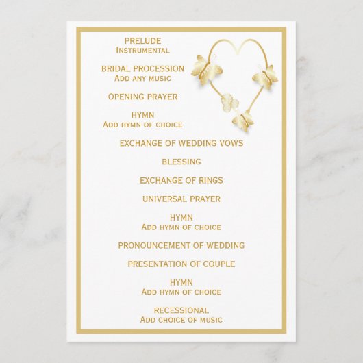 Gold Wedding Church Programma Vlinders Hart Programmakaart (Achterkant)