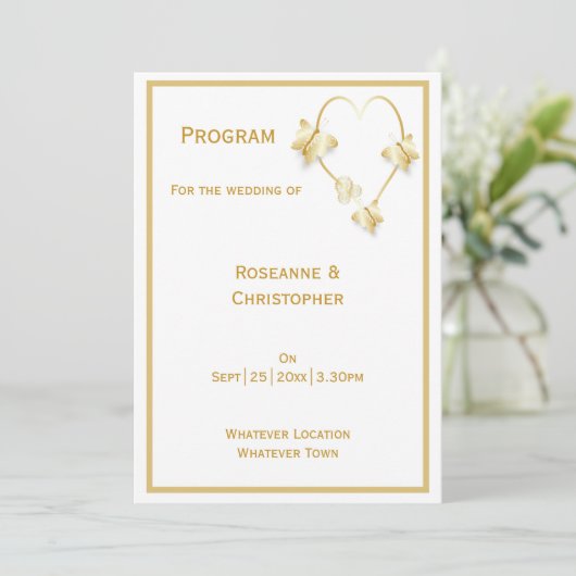 Gold Wedding Church Programma Vlinders Hart Programmakaart (Staand voorkant)