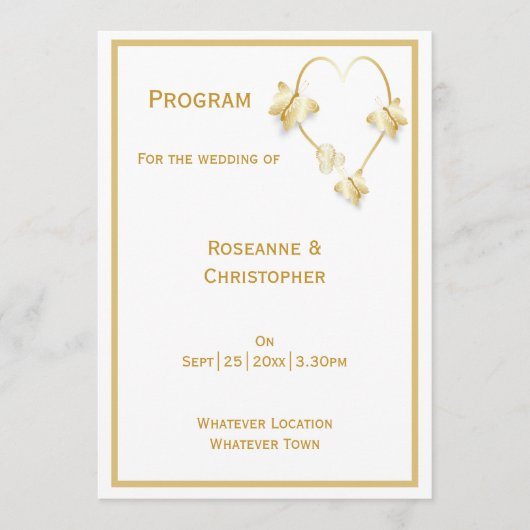 Gold Wedding Church Programma Vlinders Hart Programmakaart (Voorkant)