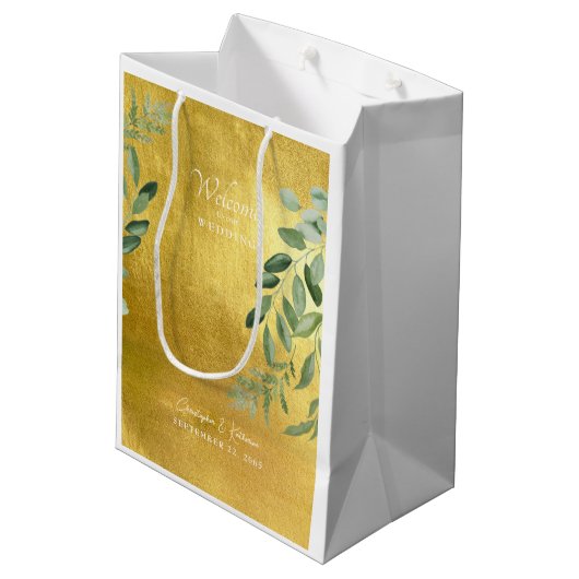 Gold Wedding Favor Welcome Foliage Medium Cadeauzakje (Achterkant Gekanteld)