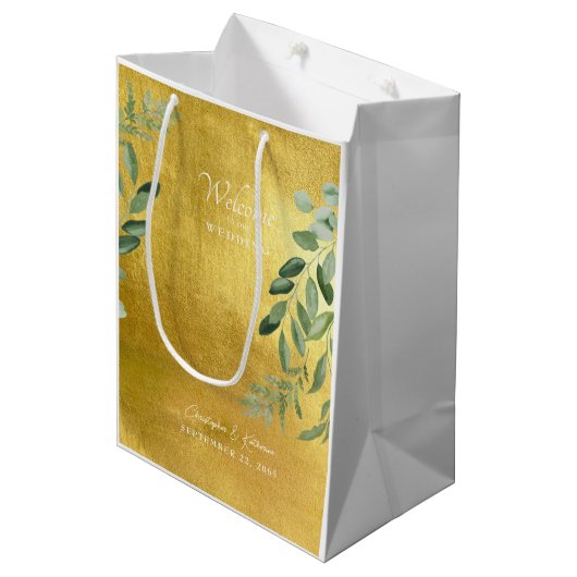 Gold Wedding Favor Welcome Foliage Medium Cadeauzakje (Voorkant Gekanteld)