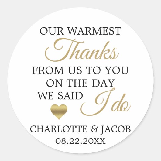 GOLD Wedding Heart Warmste Bedankt | Dank u wel Ronde Sticker (Voorkant)