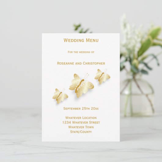 Gold Wedding Menu Butterflies Design (Staand voorkant)