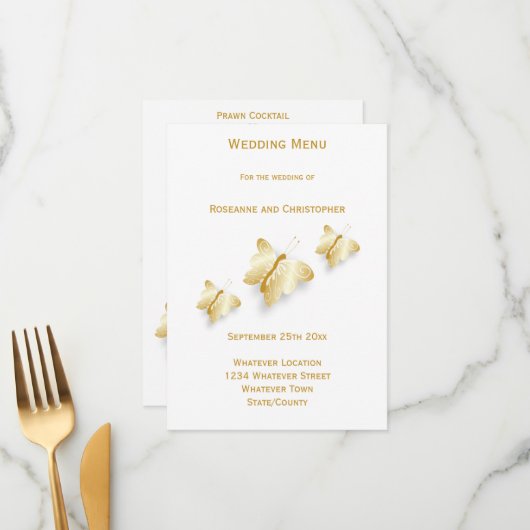 Gold Wedding Menu Butterflies Design (Voorkant / Achterkant in situ)