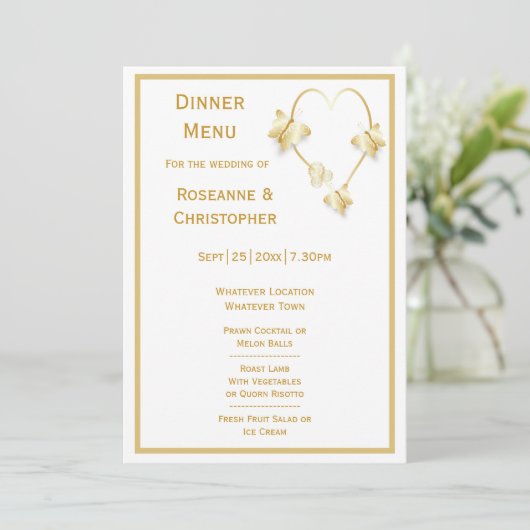 Gold Wedding Menu Butterflies Heart Design (Staand voorkant)