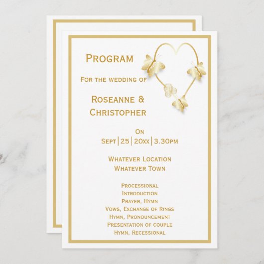 Gold Wedding programma Vlinders Hart Programmakaart (Voorkant / Achterkant)