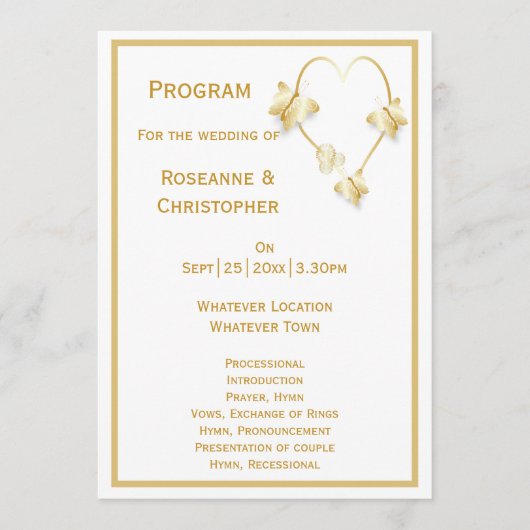 Gold Wedding programma Vlinders Hart Programmakaart (Voorkant)