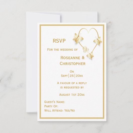 Gold Wedding RSVP Kaart Vlinders Hart (Voorkant)