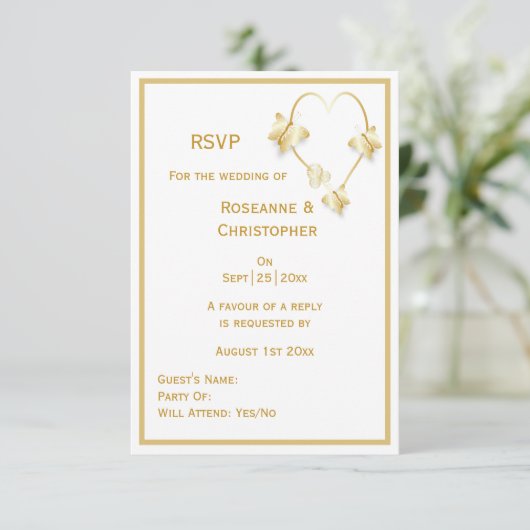 Gold Wedding RSVP Kaart Vlinders Hart (Staand voorkant)