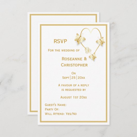 Gold Wedding RSVP Kaart Vlinders Hart (Voorkant / Achterkant)