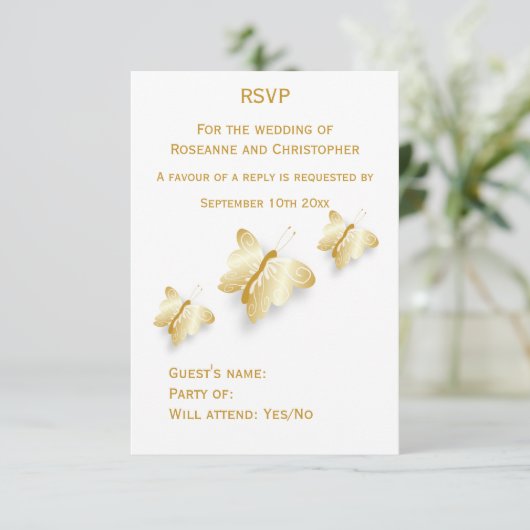 Gold Wedding RSVP Kaart Vlinders Ontwerp (Staand voorkant)