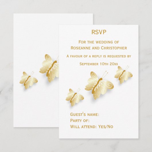 Gold Wedding RSVP Kaart Vlinders Ontwerp (Voorkant / Achterkant)