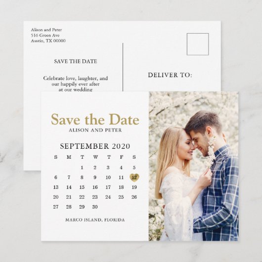 Gold Wedding Save the Date Calendar Photo Aankondigingskaart (Voorkant / Achterkant)