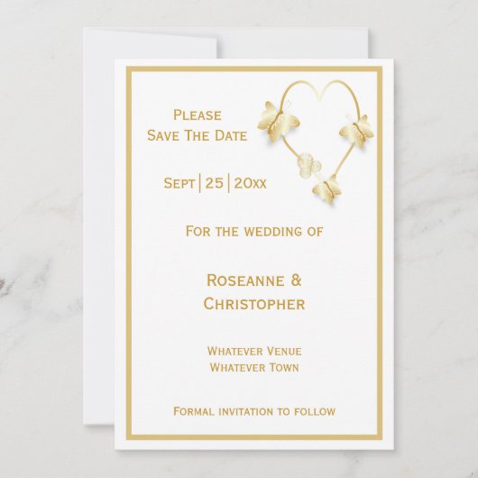 Gold Wedding Save the Date Uitnodiging Vlinders (Voorkant)
