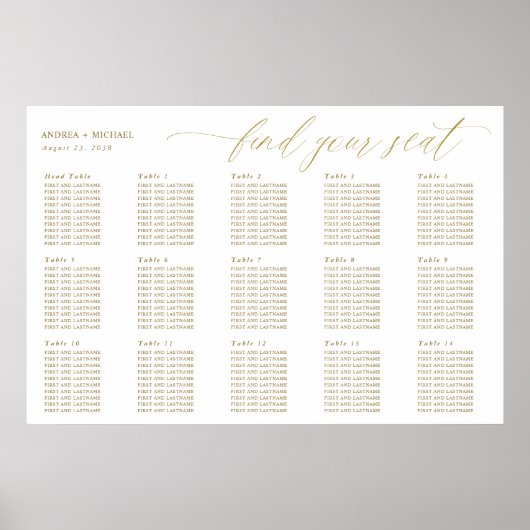 Gold Wedding Seating Chart Elegant Calligrafie Poster (Voorkant)