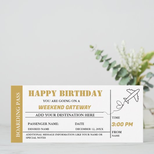 Gold Weekend Getaway Verjaardag Boarding Pass Tick Kaart (Staand voorkant)