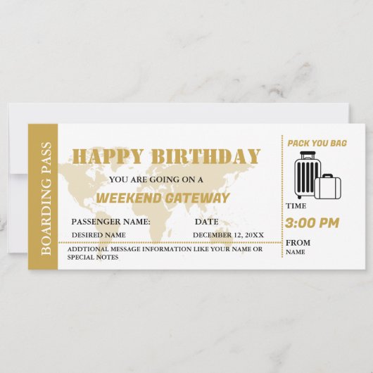 Gold Weekend Getaway Verjaardag Boarding Pass Tick Kaart (Voorkant)