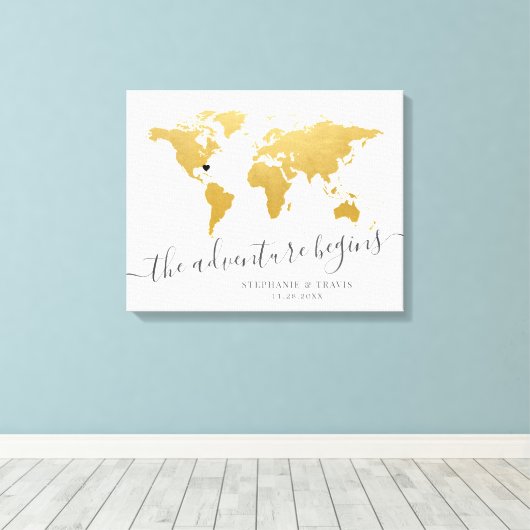 Gold Wereldkaart Destination Guest Handtekening Canvas Afdruk (Insitu (Houten vloer))