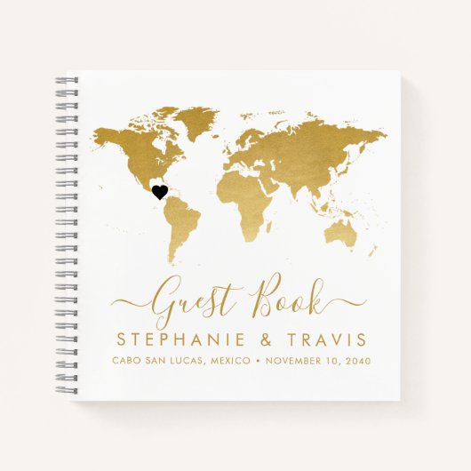 Gold Wereldkaart Heart Destination Guest Book Notitieboek (Voorkant)