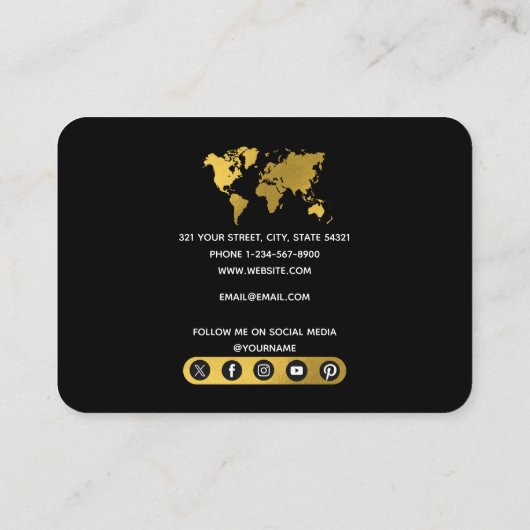 Gold Wereldkaart Travel Agent Social Media Icons Visitekaartje (Achterkant)
