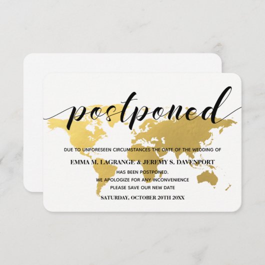 Gold wereldkaart verandering datum bruiloft informatiekaartje (Voorkant / Achterkant)