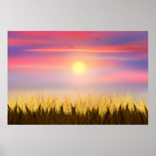Gold Wheat Field Sunset sky Oil Painting Summer Poster