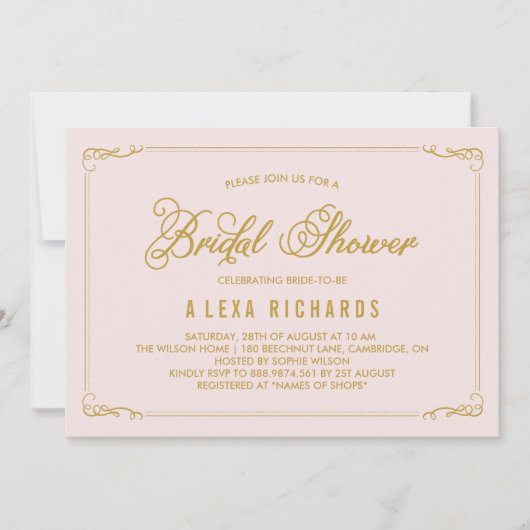 Gold Whimsical Borders Bridal Shower Invitation Kaart (Voorkant)