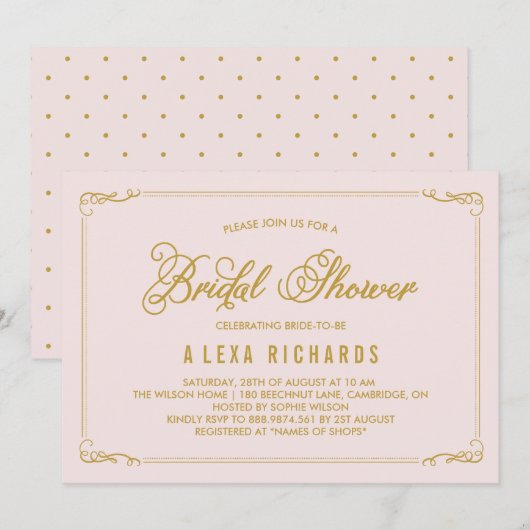 Gold Whimsical Borders Bridal Shower Invitation Kaart (Voorkant / Achterkant)