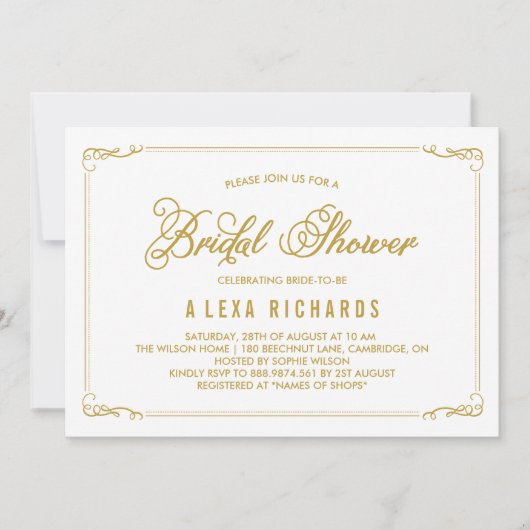 Gold Whimsical Borders Bridal Shower Invitation Kaart (Voorkant)