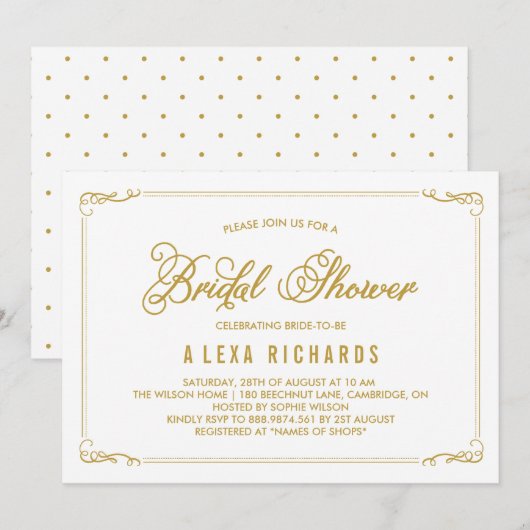 Gold Whimsical Borders Bridal Shower Invitation Kaart (Voorkant / Achterkant)