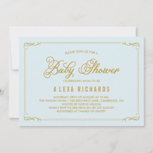 Gold Whimsical Borders Light Blue Baby shower Kaart (Voorkant)