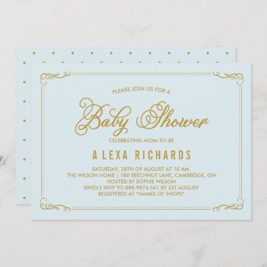Gold Whimsical Borders Light Blue Baby shower Kaart (Voorkant / Achterkant)
