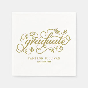 Gold Whimsical Floral Script Afstuderen Servet