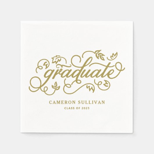 Gold Whimsical Floral Script Afstuderen Servet (Voorkant)