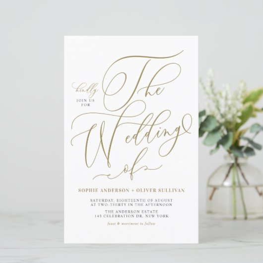 Gold Whimsical Script Huwelijksuitnodiging (Staand voorkant)