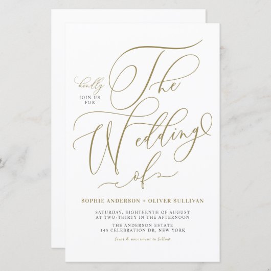 Gold Whimsical Script Huwelijksuitnodiging (Voorkant / Achterkant)
