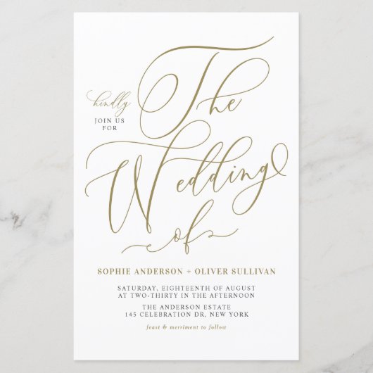 Gold Whimsical Script Huwelijksuitnodiging (Voorkant)