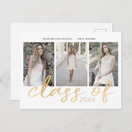 Gold Whimsical Script Photo Afstuderen Aankondigingskaart (Voorkant / Achterkant)