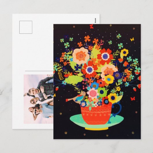 Gold Whimsical Teacup Floral Bird Glitter Feestdagenkaart (Voorkant / Achterkant)