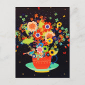 Gold Whimsical Teacup Floral Bird Glitter Feestdagenkaart (Voorkant)