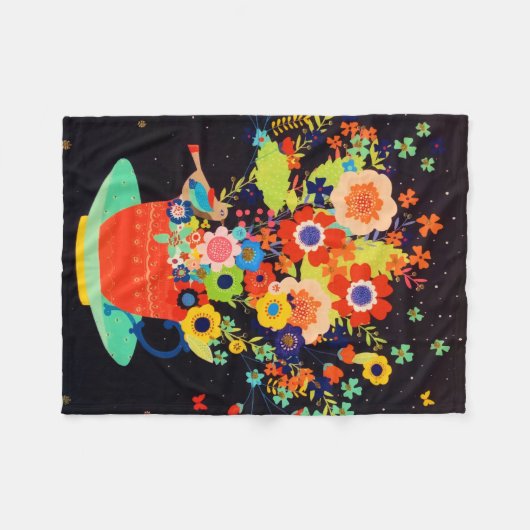 Gold Whimsical Teacup Floral Bird Glitter Fleece Deken (Voorkant (Horizontaal))