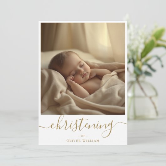 Gold Whimsy Script Genderneutrale doop Kaart (Staand voorkant)