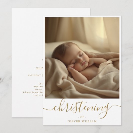 Gold Whimsy Script Genderneutrale doop Kaart (Voorkant / Achterkant)