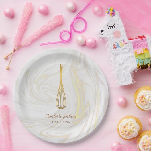 Gold Whisk Bakery Patisserie Marble Swirls Papieren Bordje (Feest)