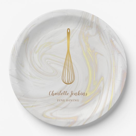 Gold Whisk Bakery Patisserie Marble Swirls Papieren Bordje (Voorkant)