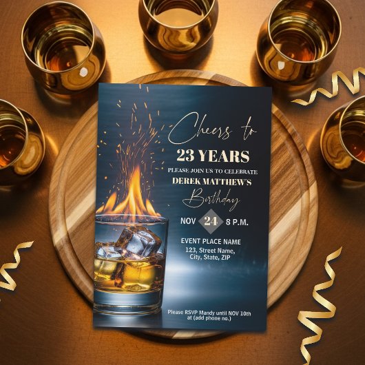 Gold Whiskey Theme Men 23rd Birthday Party Kaart