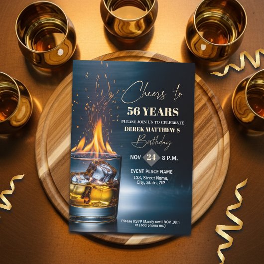 Gold Whiskey Theme Men 56th Birthday Party Kaart