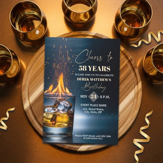 Gold Whiskey Theme Men 58th Birthday Party Kaart