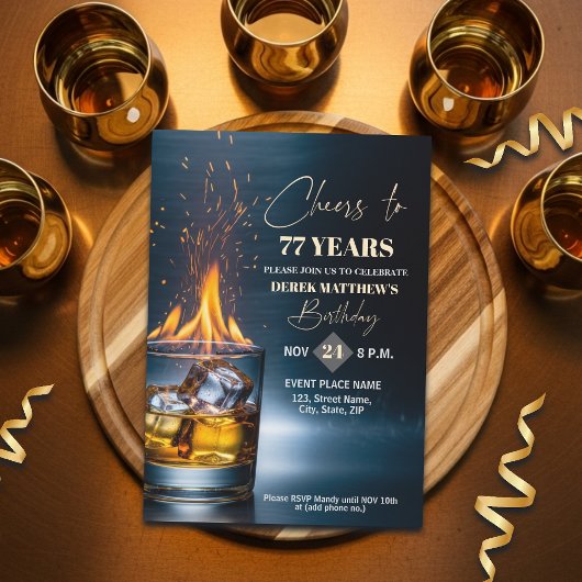 Gold Whiskey Theme Men 77th Birthday Party Kaart