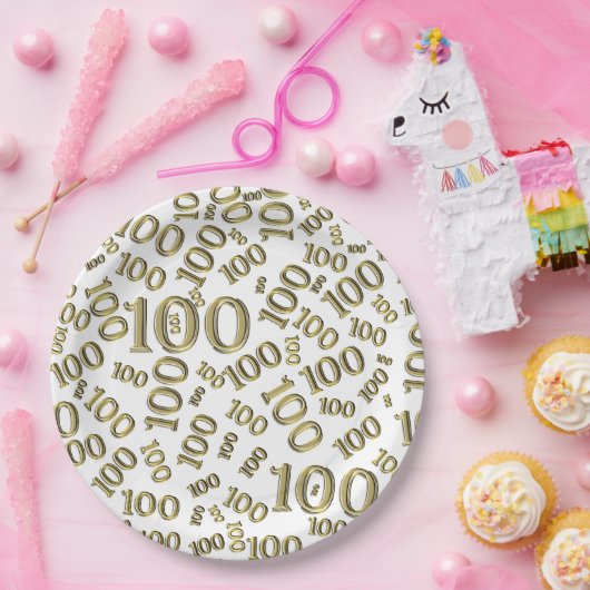 Gold/White 100th Birthday Party Number Pattern Papieren Bordje (Feest)